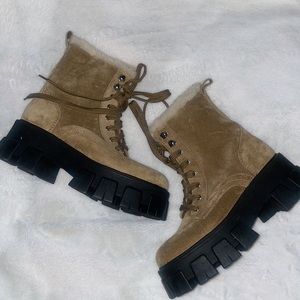 MARC FISHER LTD Happier Faux Fur Lug Sole Combat Boot Medium Brown 5 1/2 women